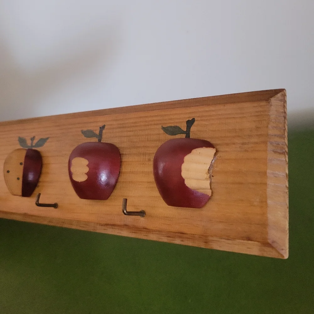 Red Apple Wooden Wall Hook Rack - Rustic Home Wall Decor